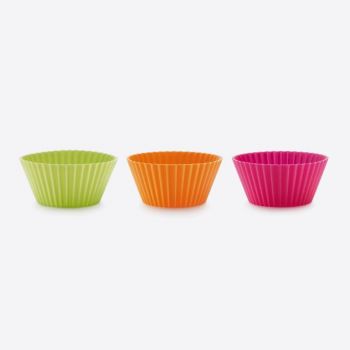 Lékué set of 12 ribbed silicone muffin molds pink; orange and green Ø 7cm H 3.5cm