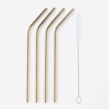 Point-Virgule set of 4 cocktail drinking straws stainless steel gold with cleaning brush 20.5cm