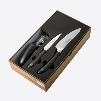 Robert Welch Signature 3 piece set of paring knife 10cm; kitchen knife 14cm and sharpener